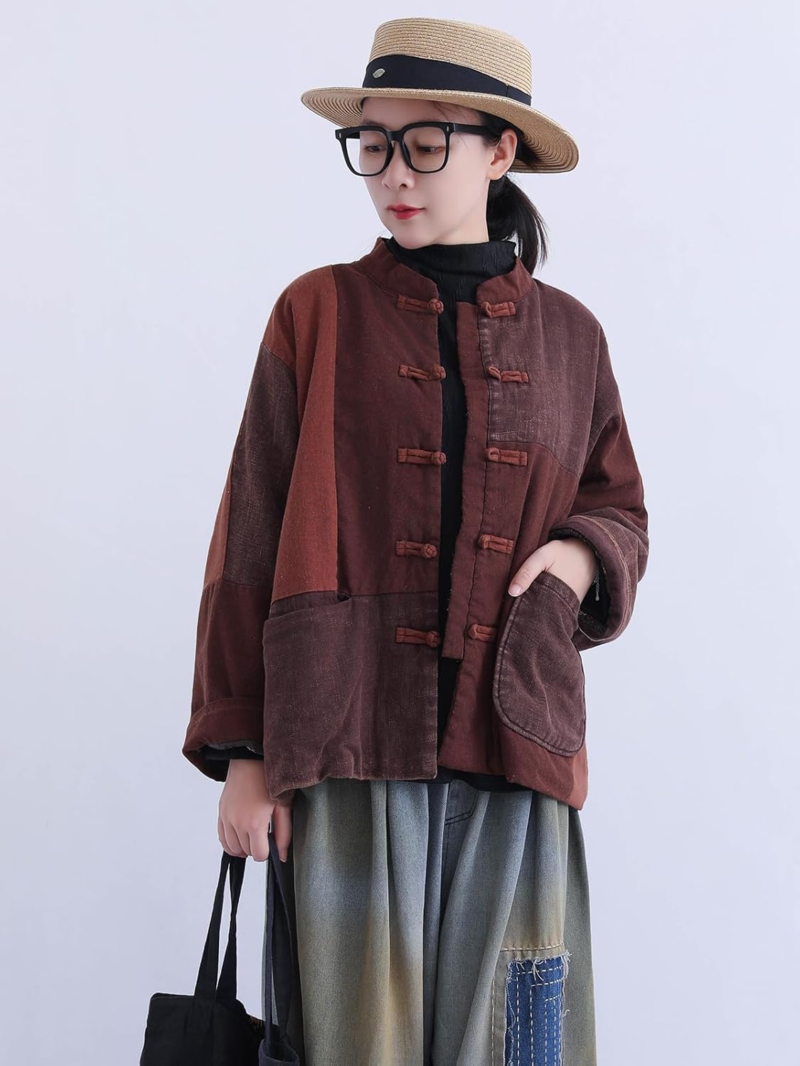LZJN Women's Retro Patchwork Linen Cotton Jacket Loose Frog Button Front Short Cotton Coat With Pocket
