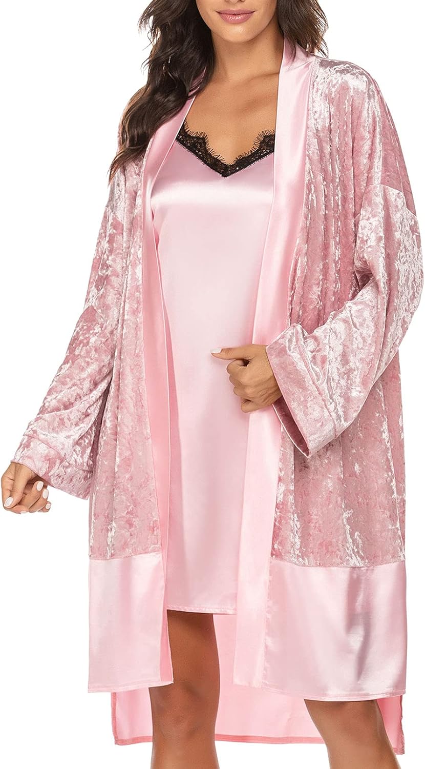 GTHTTT Womens Lingerie V Neck Nightwear Sleepwear Nightgown 2pcs Pj Sets Dress Robe,Pink,Large