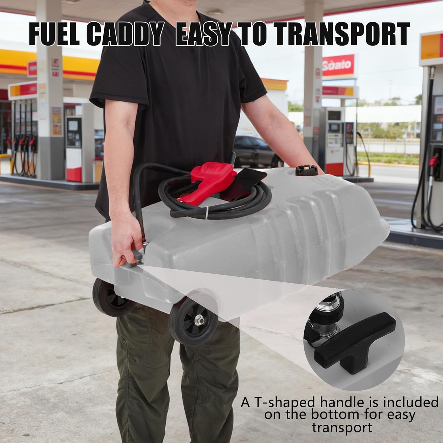 14 Gallon Portable Fuel Tank, Gray Fuel Storage Container with Manual Siphon Pump & 10FT Hose, Gasoline Diesel Caddy with Wheels, Fuel Transfer Tank for Car, ATV, Boat, Lawn Mower, Generator