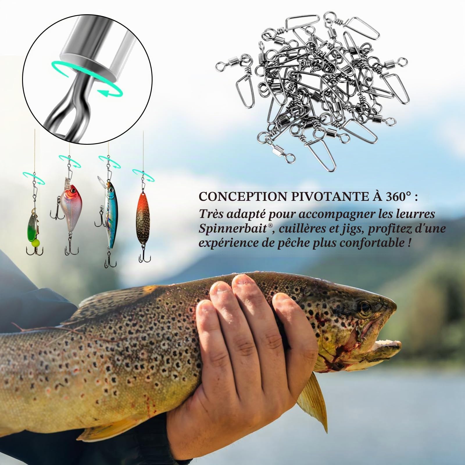 Amaxiu Angel Snap Lot de 25 émerillons haute résistance pour la pêche en acier inoxydable avec connecteur résistant à la corrosion pour eau salée et eau douce