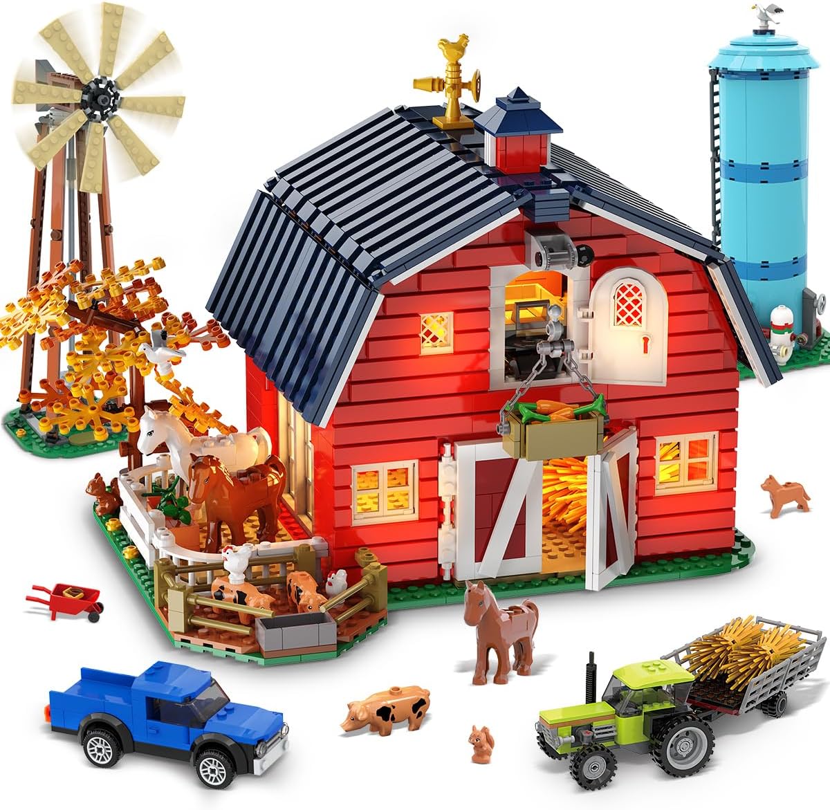 Western Farm Barn House Building Set with Light, 1419 PCS West Red Barn Building Block Toy with Animals Horse Tractor Truck Windmill Home Decor, Birthday Gift for Adults Teens Boys Girls 10+