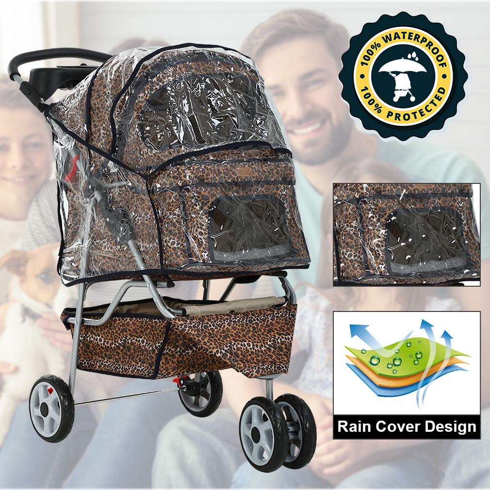 All Terrain Extra Wide Leopard Skin 3 Wheels Pet Dog Cat Stroller w/RainCover
