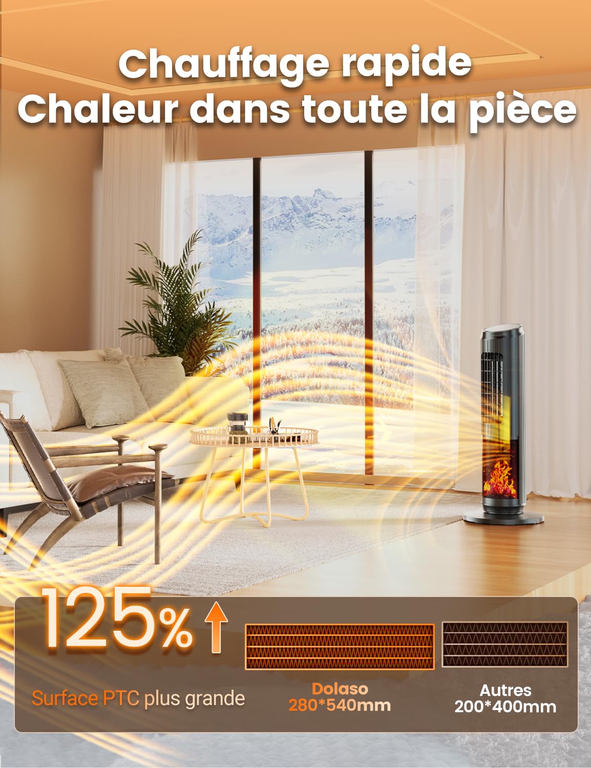 Chauffage Soufflant d'appoint 2000W, Radiateur Electrique avec Thermostat, Effet Cheminée, Télécommande, Éco, 3 Modes, Minuterie 1-8H, Protection Contre la Surchauffe et le Renversement