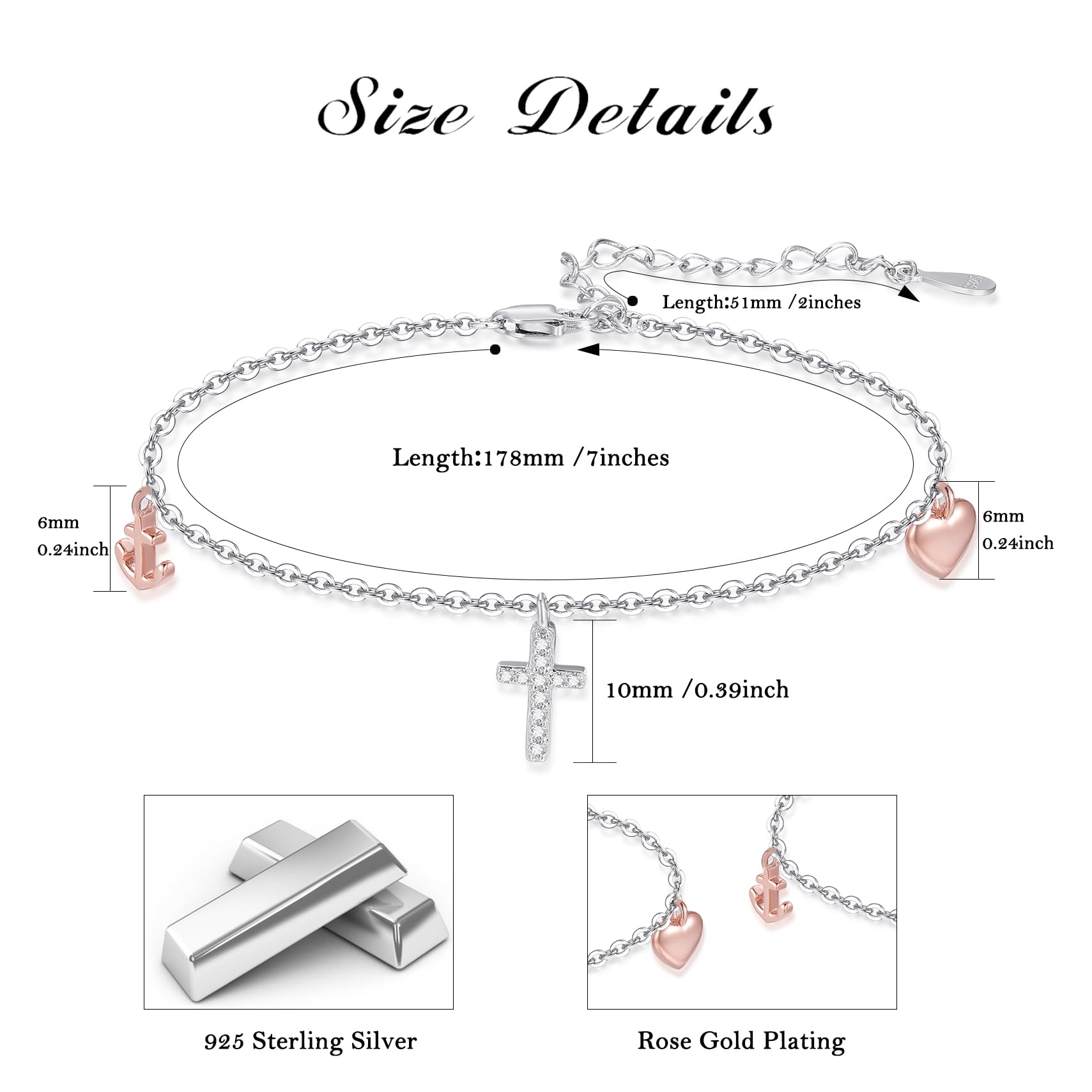 OHAYOO Armband Kreuz Damen 925 Sterling Silber Rosegold Anker Herz Armband Schmuck Geschenke für Freundin Frauen Mädchen Mama