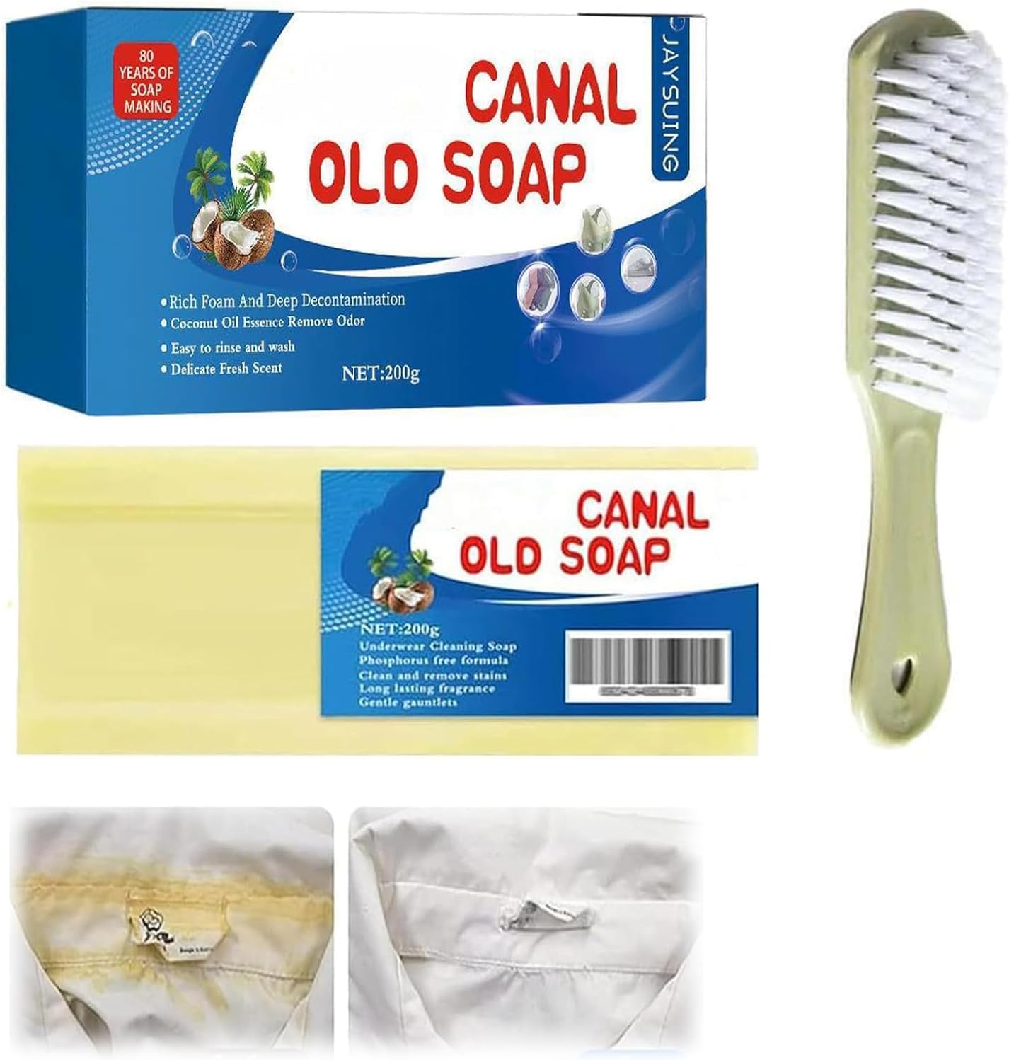 Canal Old Soap with Brush,Canal Soap Bar for Stains,Canal Laundry Soap,Magic Soap Bar Stain Remover Easily Remove Stains from Clothes,Underwear Cleaning Soap and Clothes Removing Soap (1 Pc)