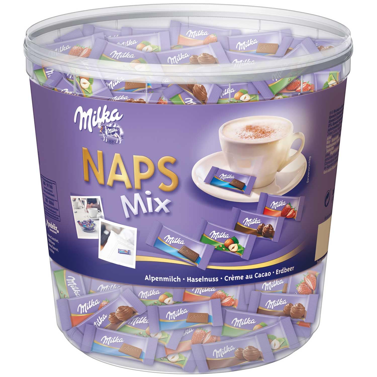 Milka Schokoladentäfelchen, NAPS Mix, Alpenmilch/Haselnuss/Crème au Cacao/Erdbeer, Klarsichtdose, 218 x 4,6 g (1 kg)