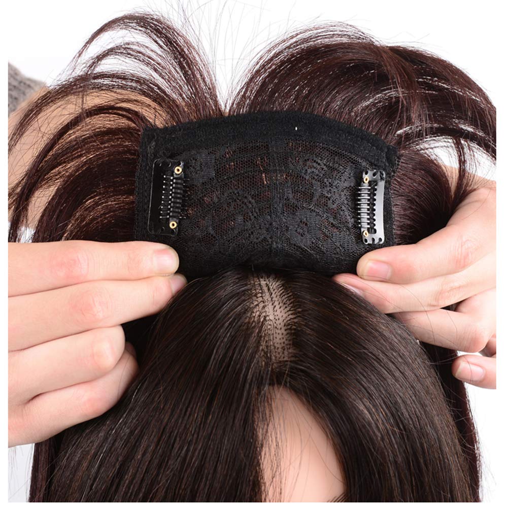 One Piece Straight Clip in Human Hair Topper With Wispy Bangs Seamless Forehead Closure Nature Hairline 12x12cm, 35cm Nature Black