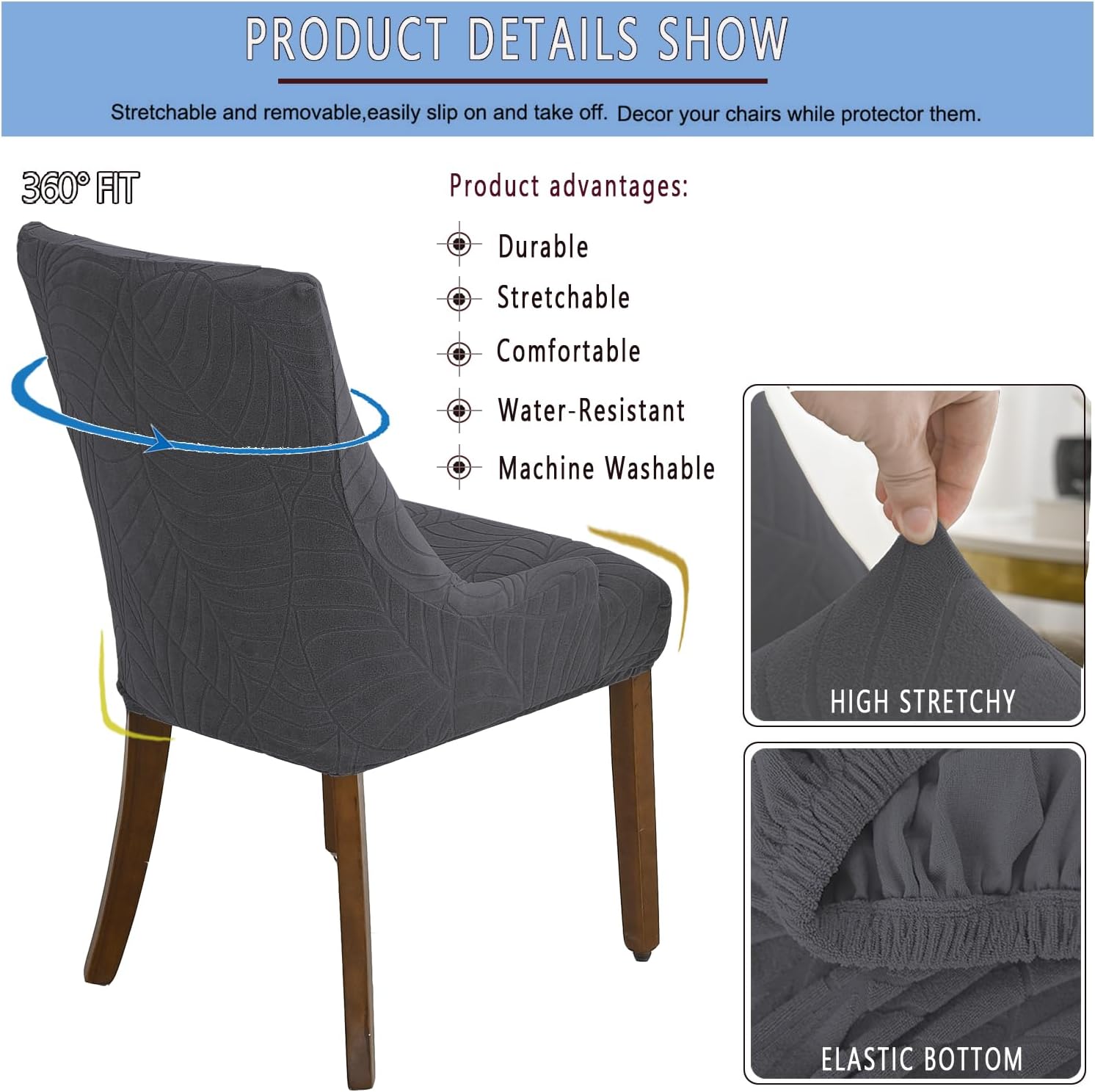 Jacquard Waterproof Stretch Wingback Chair Cover Slipcover - Reusable Protector Cover for Dining Room Banquet Home Decor etc Machine Washable Hand Washable (Dark Grey,2PC)
