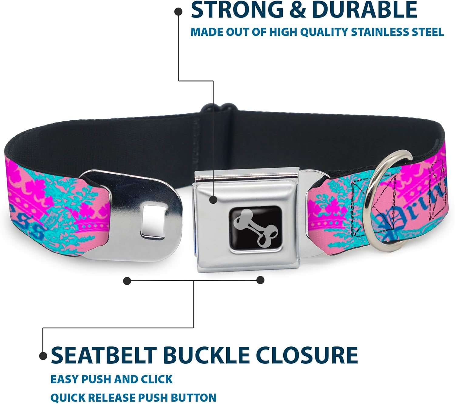 Buckle-Down Crown Princess Oval Pink/Turquoise Dog Collar Bone, Small/9-15"