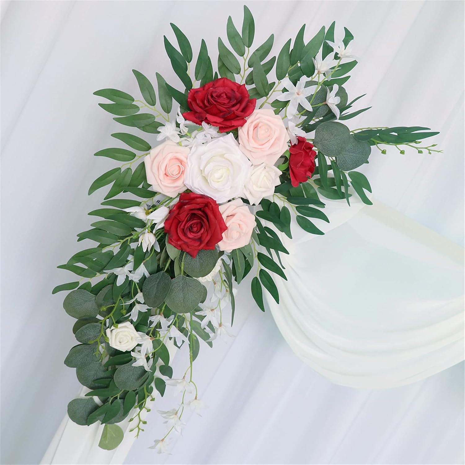 Yesness Artifical Flower Swag Pink Red White Rose Poney Greeny Floral Wreath for Wedding Ceremony Sign Home Floral Decoration,Reception Table Backdrop Floral Decoration, 2Pcs Wedding Arch Flowers