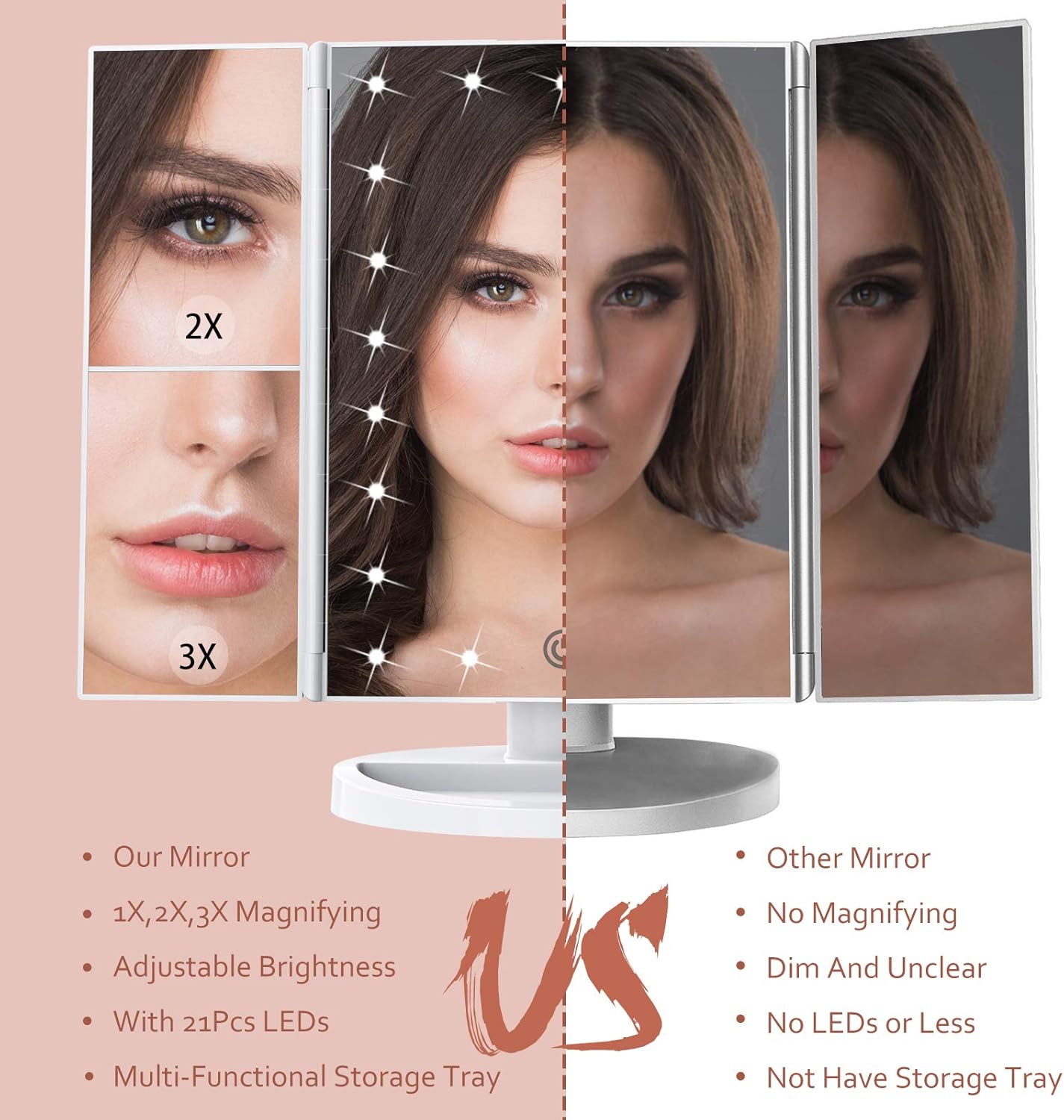 Makeup Mirror Vanity Mirror with Lights, 1x 2X 3X Magnification, Lighted Makeup Mirror, Touch Control, Trifold Makeup Mirror, Dual Power Supply, Portable LED Makeup Mirror, Women Gift -