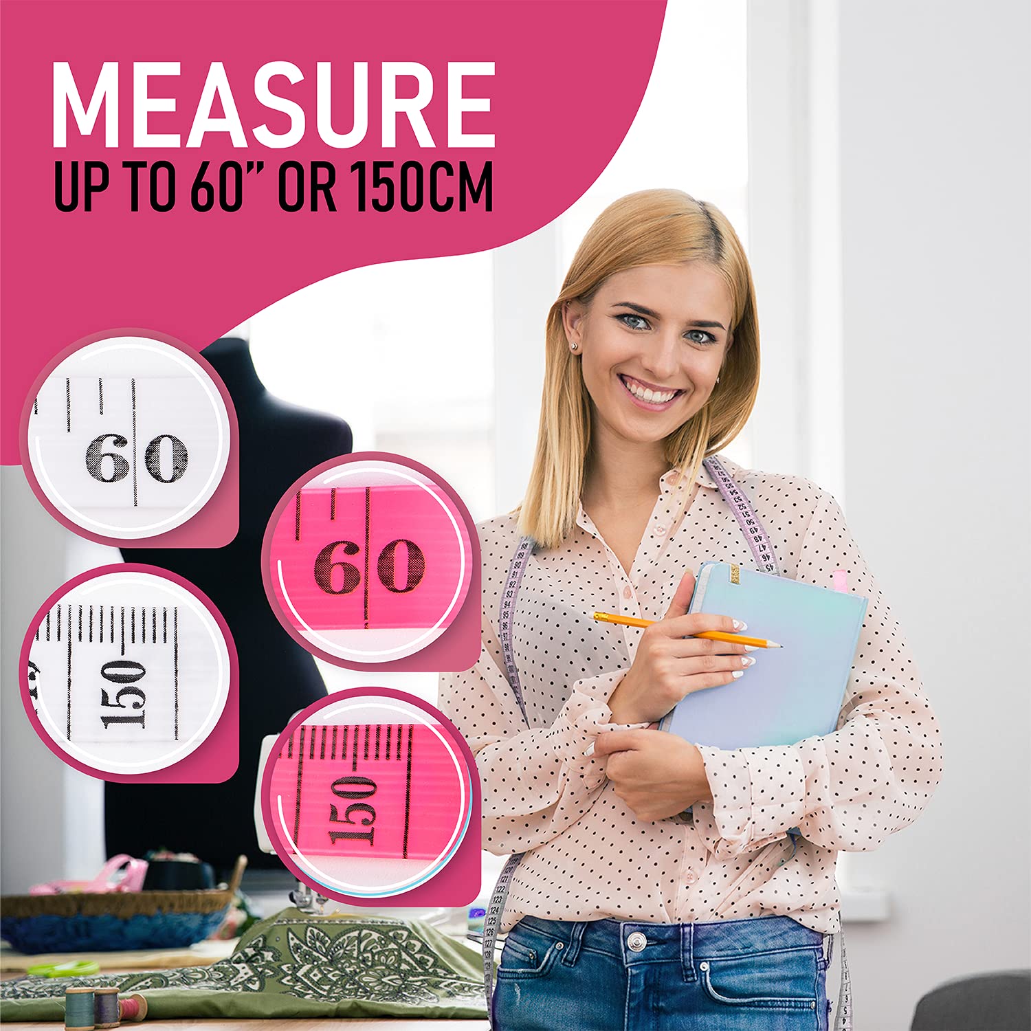 (2pc) Measuring Tape for Body, Soft Flexible Sewing Measure (White & Pink 60in 1.5M) for Baby Weightloss Medical Measurement Tailor Craft Vinyl Measure Ruler with Centimetre Scale on Reverse Side