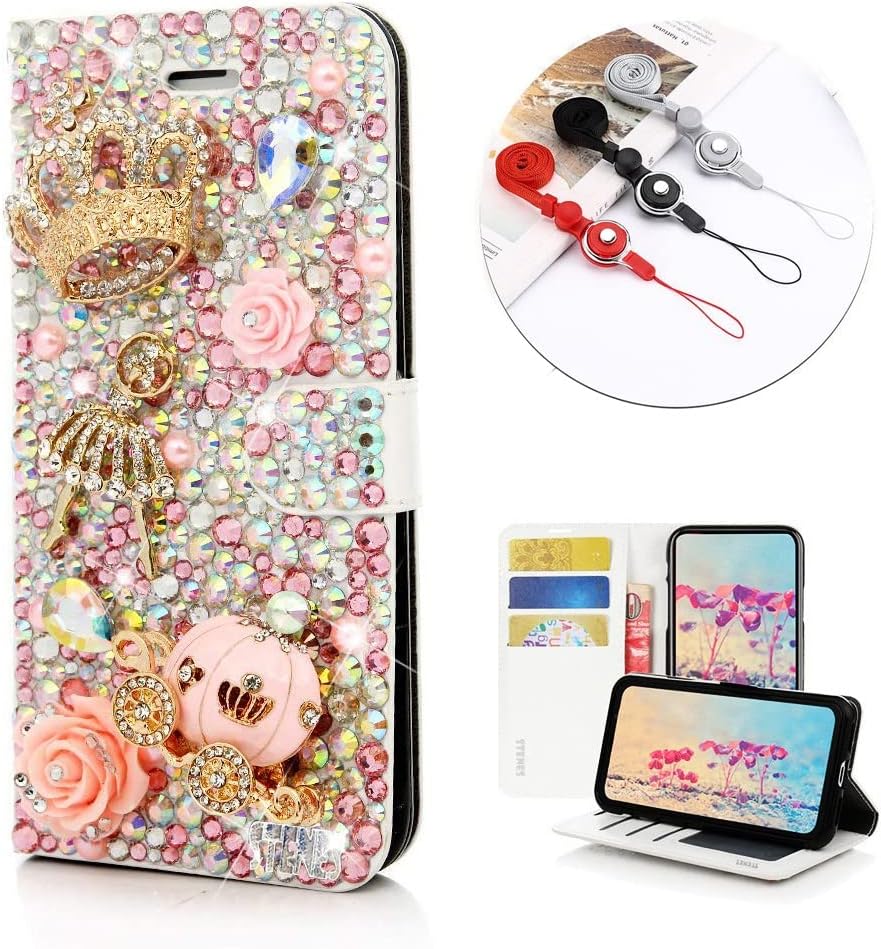 STENES Bling Wallet Phone Case Compatible with Google Pixel 6a Case - Stylish - 3D Handmade Crown Ballet Pretty Girl Pumpkin Car Flower Leather Cover with Neck Strap Lanyard [3 Pack] - Pink