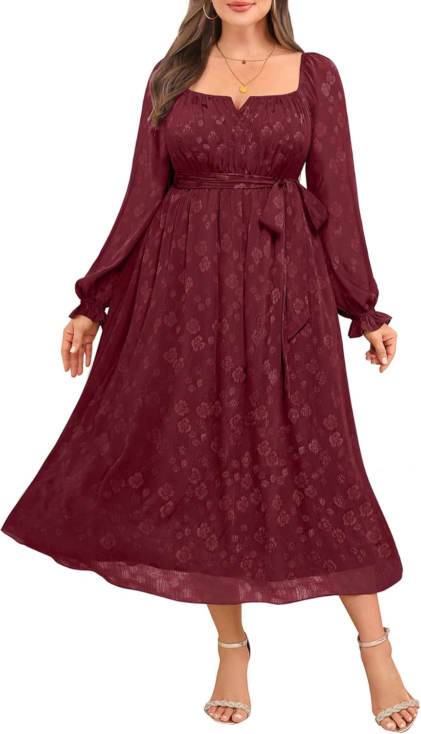 Women's Plus Size Fall Dress - Wedding Guest Long Sleeve Midi Semi Formal Square Neck Flowy Dresses