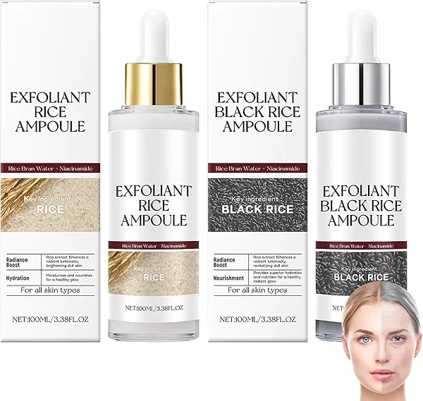 Rice Exfoliant Ampoule Duo, Black and White Face Peeling Solution, Moisturizing Pore Minimizer, 2-Pack, 100ml