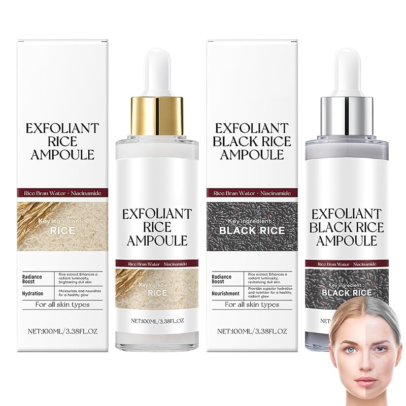 Ampolas esfoliantes faciais de arroz Birunwer, fórmulas preta e branca, 2 unidades com 100 mL cada