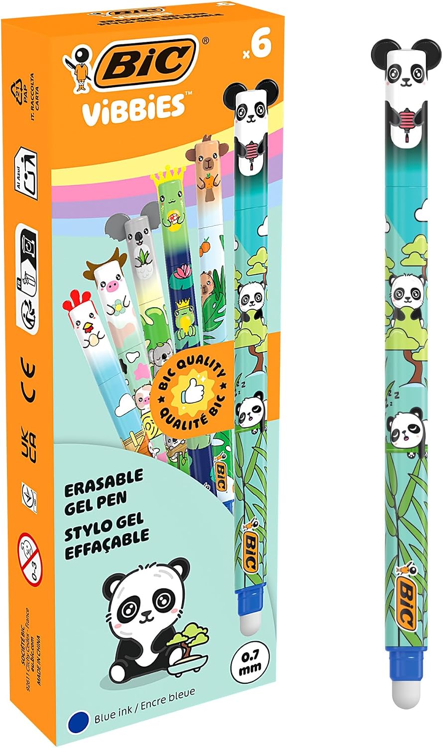 BIC Vibbies Stylos gel effaçables, avec capuchons mignons en forme d’animaux - Encre bleue, lot de 6