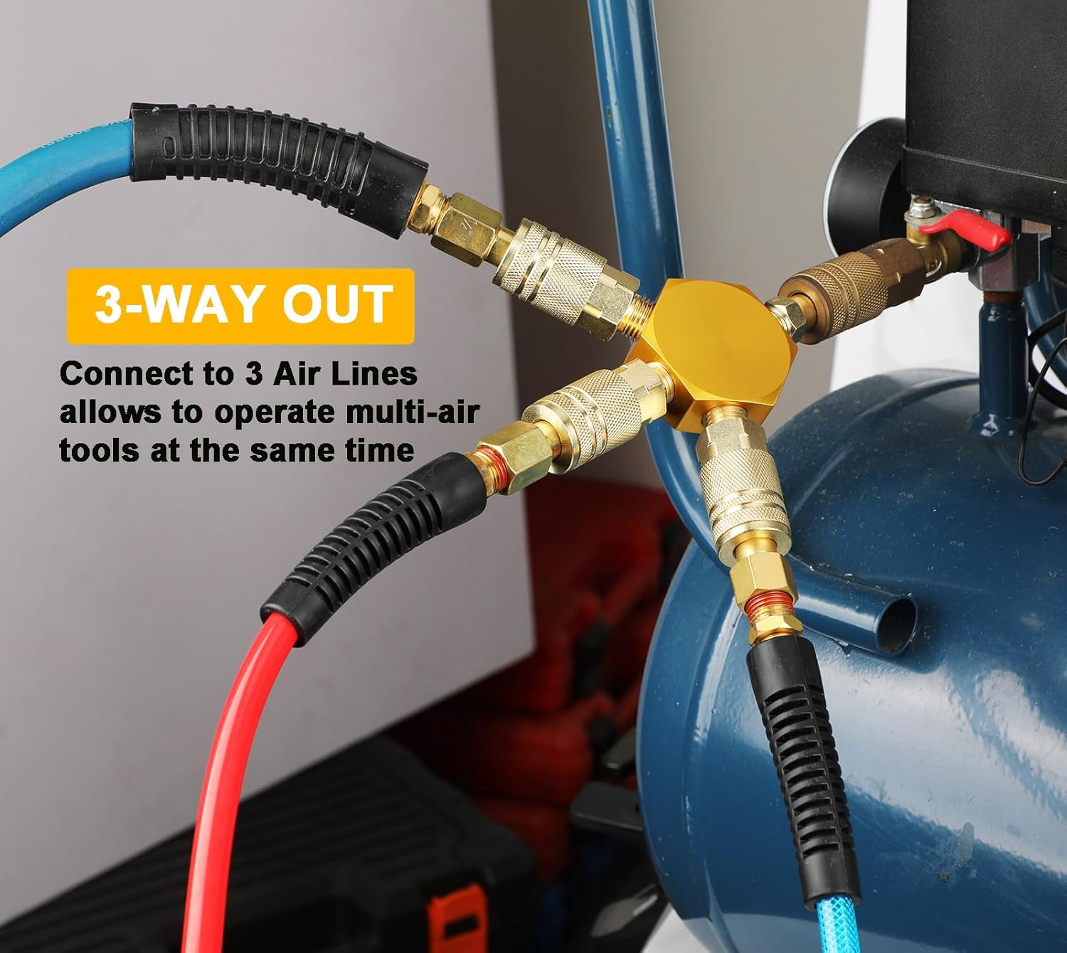 YOTOO 3-Way Air Manifold, Air Hose Splitter with 3 Steel Industrial Quick Connect Couplers and 1/4" NPT Male Industrial Air Plug for connecting air compressor, air hoses and air tools, Gold