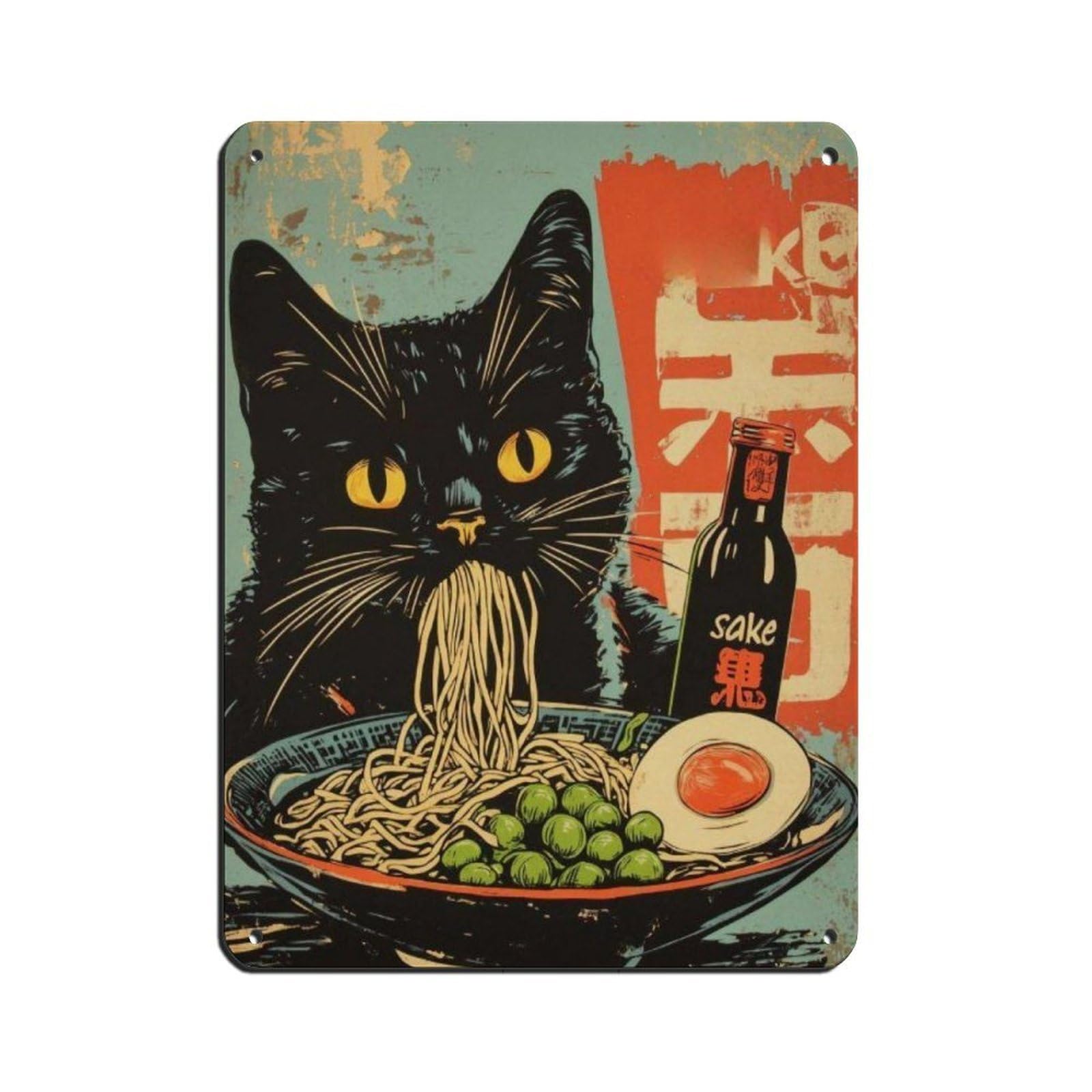 Lxwnze 30L X 40W Cm Vintage Black Cat Ramen Art Poster, Tin Sign Vintage Metal Pub Club Cafe Bar Home Wall Art Decoration Poster Retro 12X16inch(30X40cm)