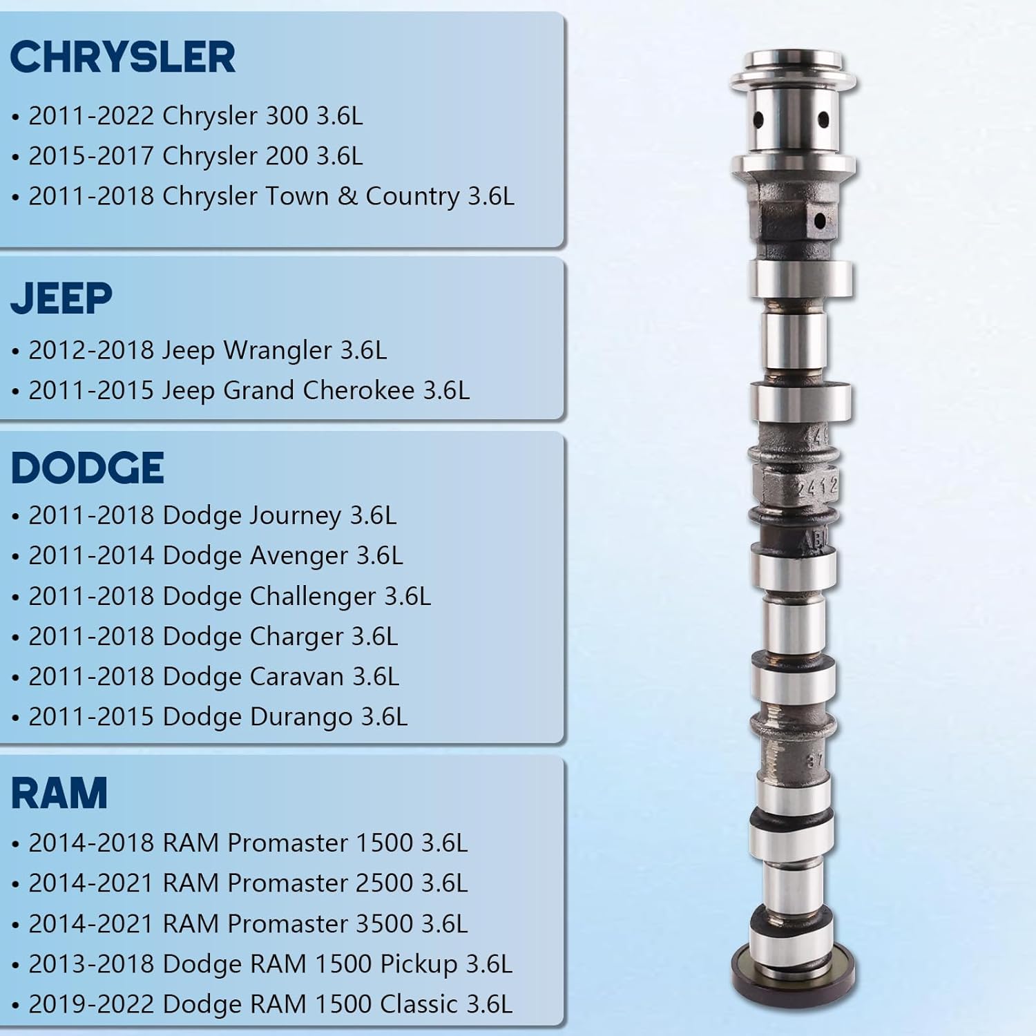 Right Side Intake Camshaft 5184380AG Compatible with Jeep/Chrysler/Dodge/RAM Vehicles with 3.6L Engine V6 Models Replaces 05184380AH, 5184380AE, 5184380AF, 5184380AD