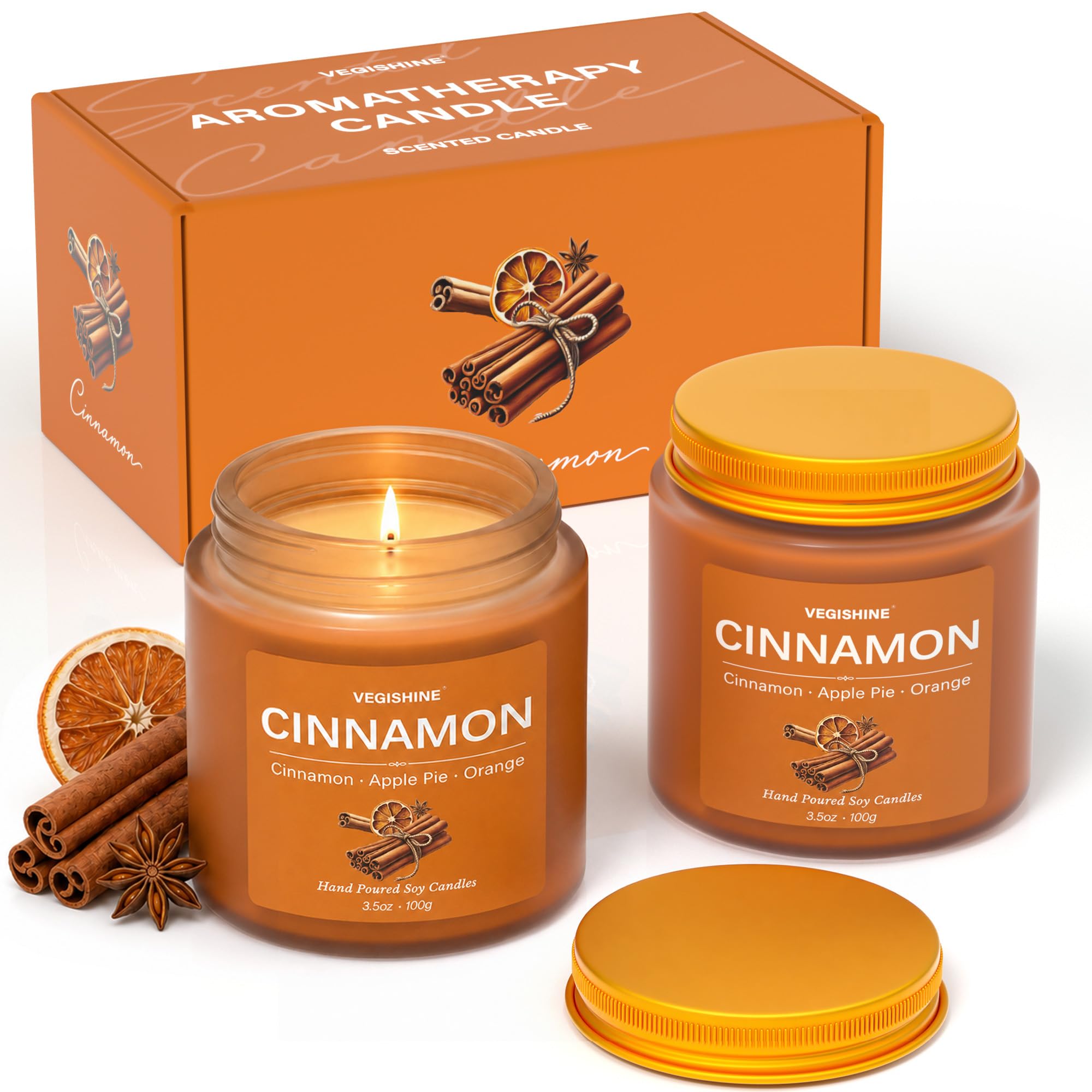 VEGISHINE Cinnamon Scented Candles, 2 Pack Candle Gift Set, Cinnamon Apple Pie & Orange Fragrance, Soy Candles for Home, Autumn Winter Birthday Christmas Candle Gifts for Women and Men