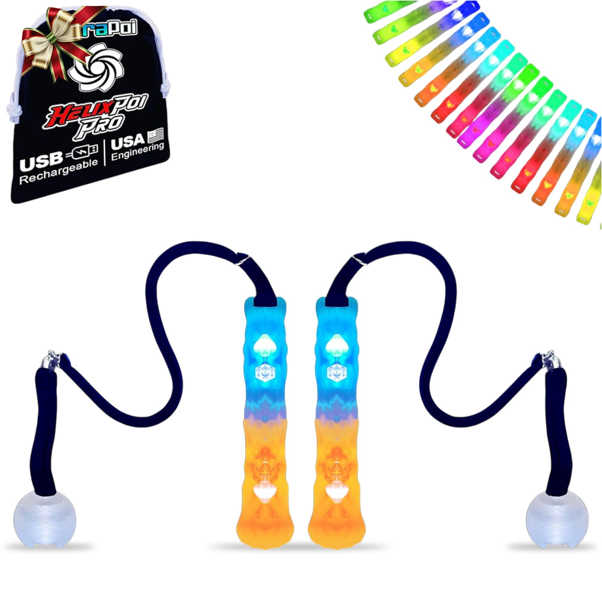 UltraPoi HelixPoi Pro Set – Rechargeable LED Poi w/ 50+ Color Modes – Spinning Light Flow Toys w/Non-LED Knob Handles, Soft Cases & Adjustable Leashes – Visual Poi for Rave, Parties & Performance