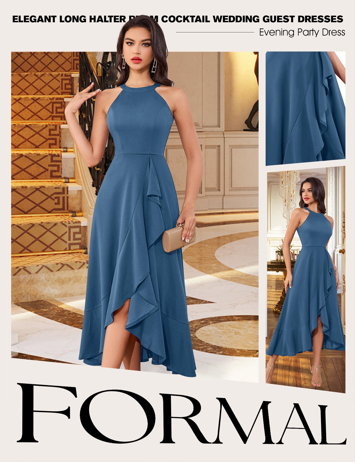 Aupuls Vestido formal con cuello halter para mujer, elegante, largo, para fiesta, graduación, cóctel, boda, invitada