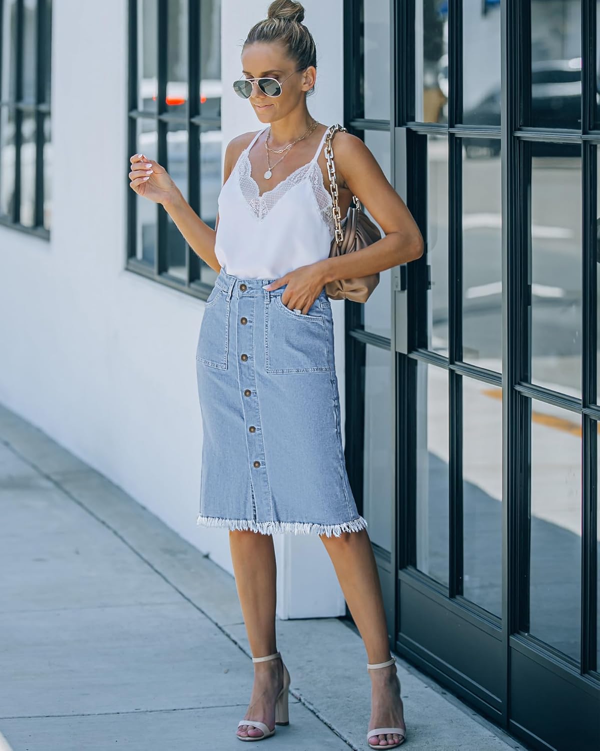 luvamia Women's Casual Mid Rise Button Down Frayed Raw Hem Denim Jean Midi Skirt - Image 4