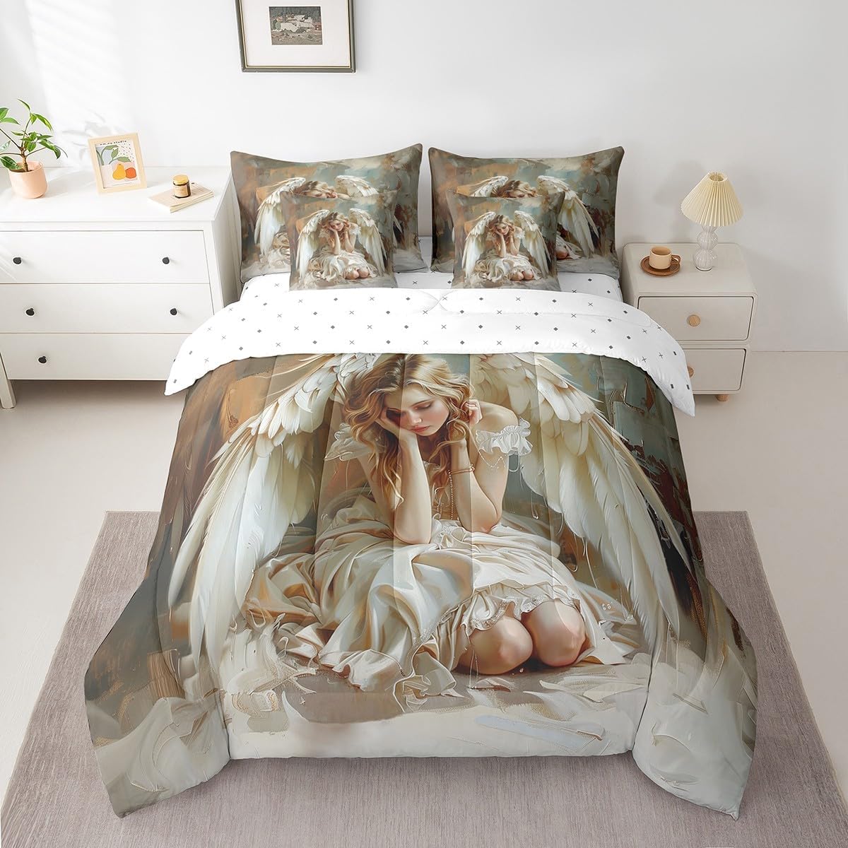 Erosebridal Angel Twin Bedding Set, Angel Wings Bed in A Bag,Watercolor Style Comforter Sets with Sheets, Oil Painting 7 Pieces Bed Set Bedroom Decor