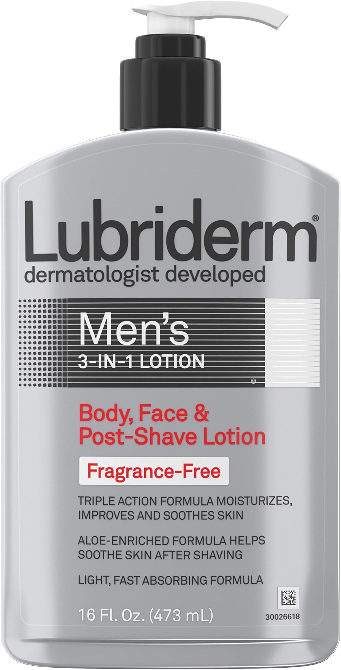 Lubriderm Men's 3-In-1 Unscented Lotion Enriched with Soothing Aloe for Body and Face, Non-Greasy Post Shave Moisturizer, Fragrance-Free, 16 fl. oz