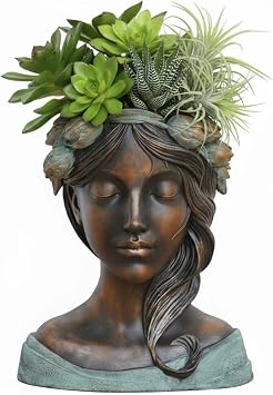 DiliComing Head Planter Face Plant Pots - 10 Inch Flower Pot Succulents Large Outdoor Planters Indoor with Drainage Resin Lady Bronze Statue for Garden Home Decor Porch Gift for Plant Lovers