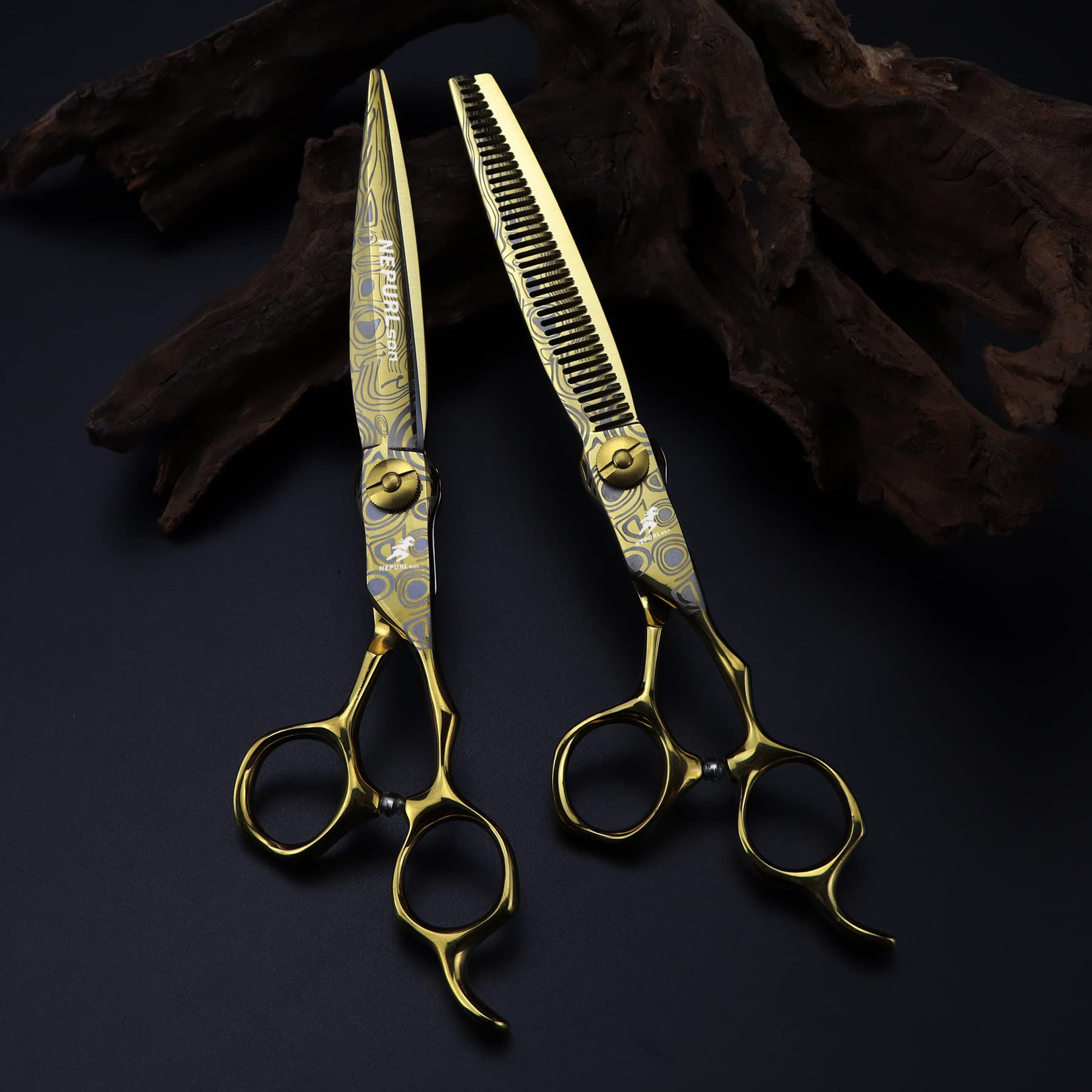 Ciseaux de coupe professionnels en acier JP440c doré de 7 pouces, motif damassé, pour coupe de cheveux, effilage, barbier, ensemble de coiffure