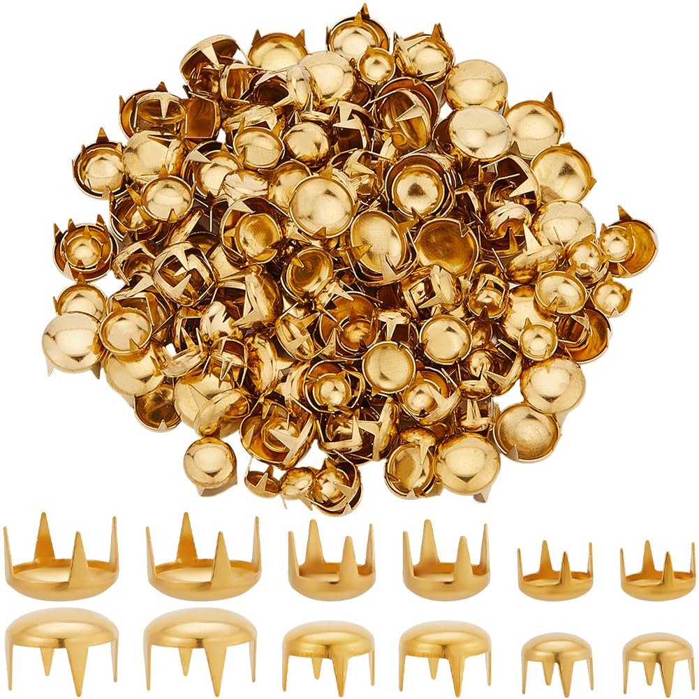 SOFPLATE 1 Box 240Pcs 3 Styles Metal Claw Beads Dome Rivets Spike Studs Spots 6mm 8mm 10mm Gold Brass Punk Rock Mushroom Head Spike Prong Nail for Leather Crafts Clothes Belt Bag Shoes Decorations