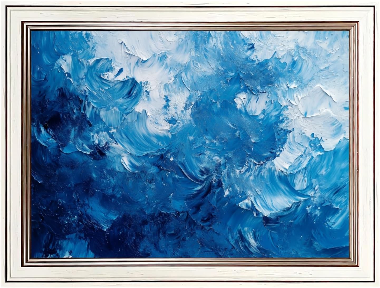 Large Framed Abstract Impasto TV Canvas Wall Art Expressive Textured Ocean Blue Painting Poster Modern Coastal Summer Artwork Print for Bedroom Home Office Beach House Decor 24x36inch