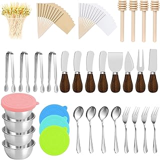 Charcuterie Boards Accessories(35 PCS), Gift Box Packaging, With Ceramic Dip Bowls, Wooden Handle Cheese Spreader Butter Knive Set, Mini Tongs, Spoons, Forks,Honey Dipper, Cocktail Picks