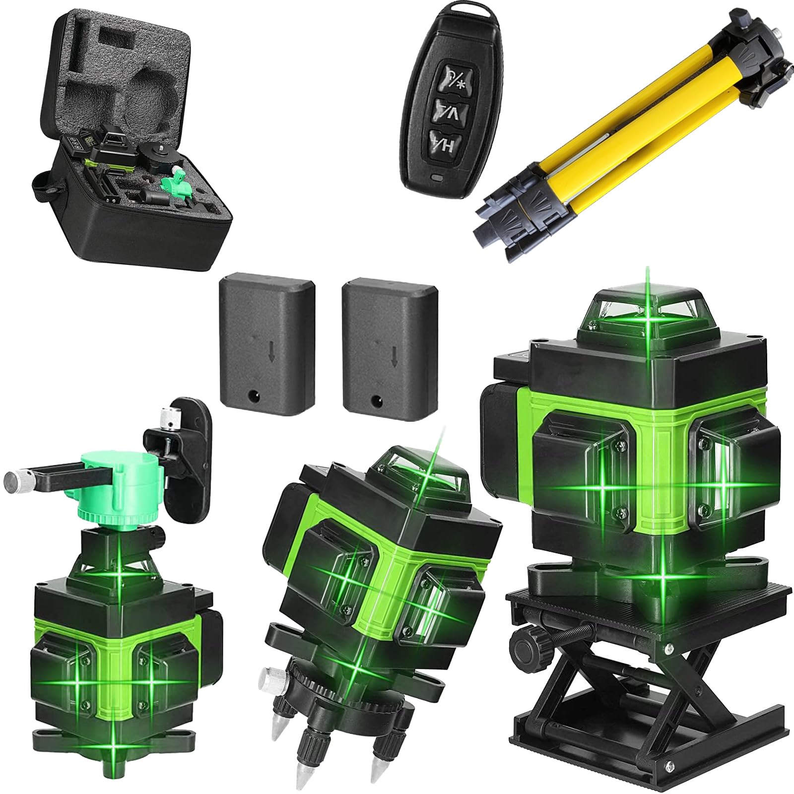 Niveau Laser 4 x 360°, 4D 16 Lignes, Rotatif Horizontal Vertical, Nivellement Automatique, avec Trépied, 2 Batteries Rechargeables