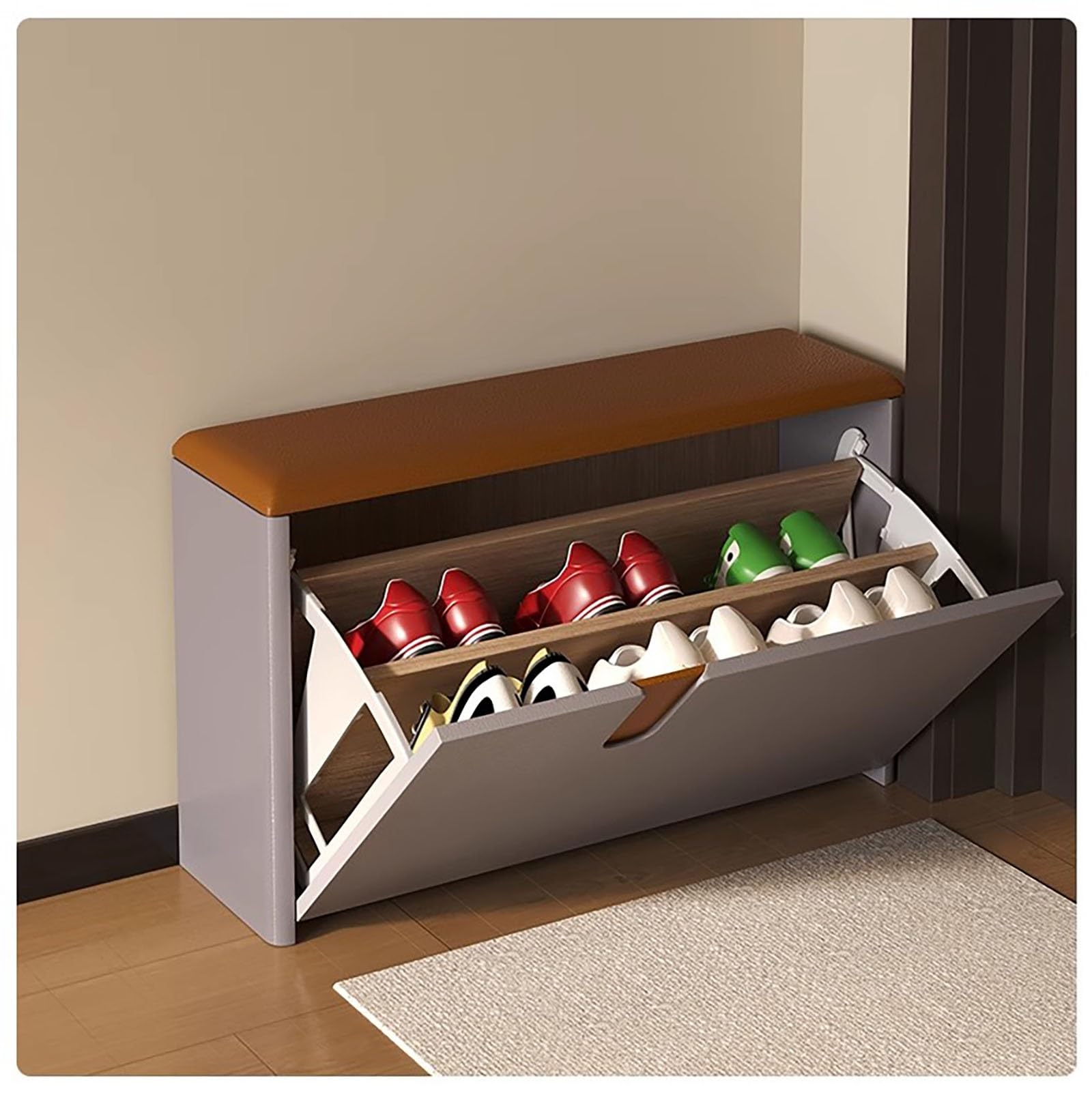Meuble à chaussures de qualité avec assise en cuir au design épuré