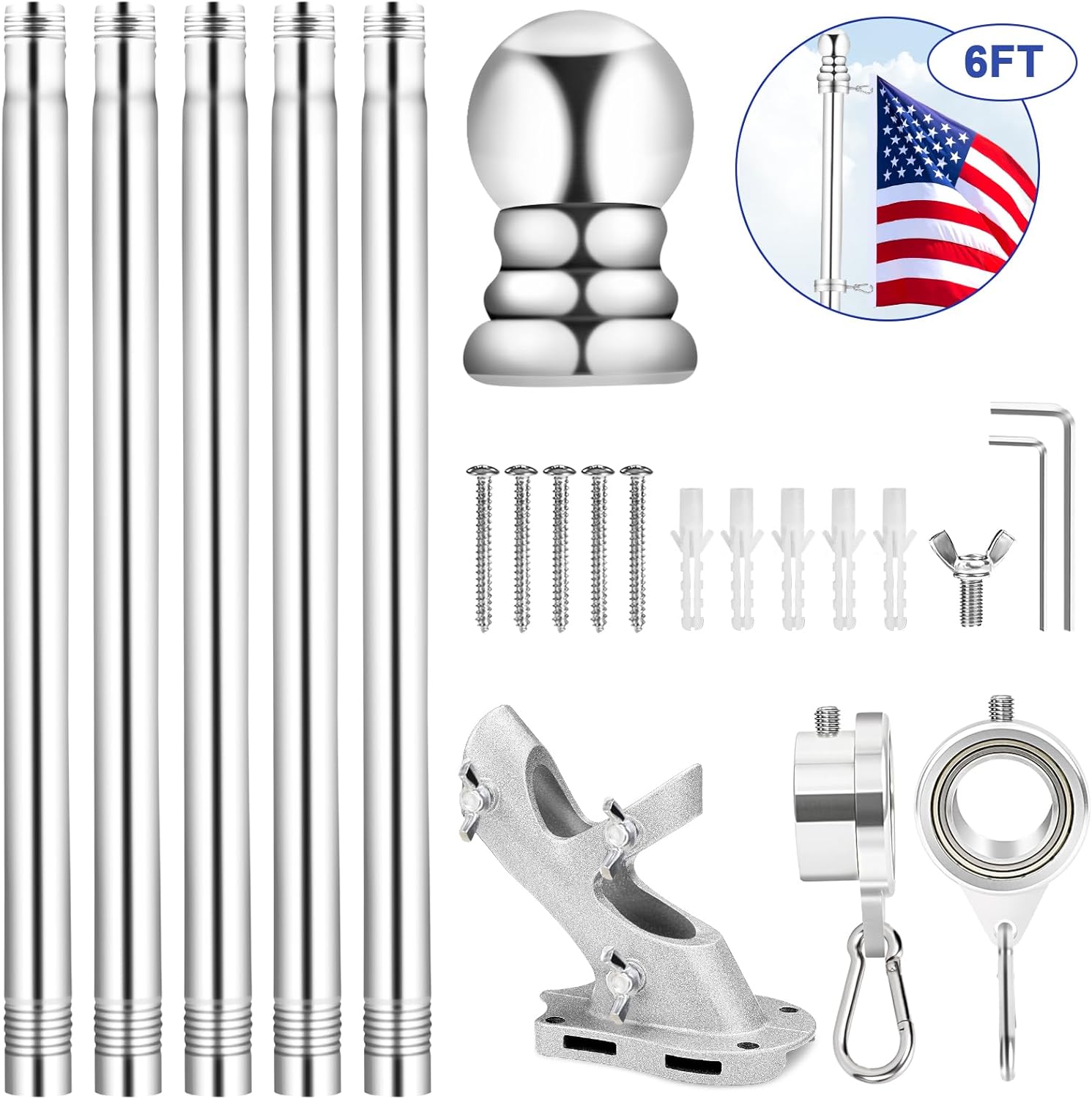6 FT Flag Pole with Bearings Rings and Bracket, 360° Spinning Flag Poles Kit for Outside House Porch Wall, 1" Metal Anti-Wrap Flagpole with Rotating Bearing Steel Ball Ring Clips & 2-Position Holder