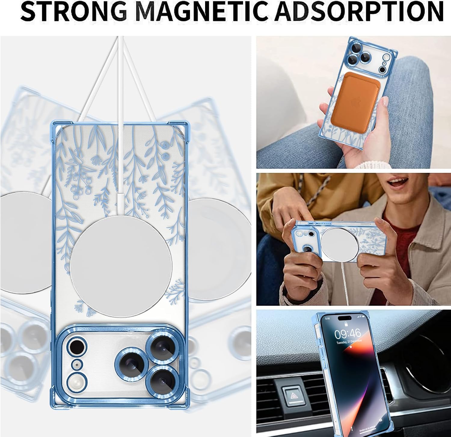 LSL Designed Case for iPhone 17 Pro [Compatible with MagSafe] Flower Pattern Design Soft TPU Anti-Drop Shockproof Protective Slim Luxury Floral Plating Clear Cover - Blue
