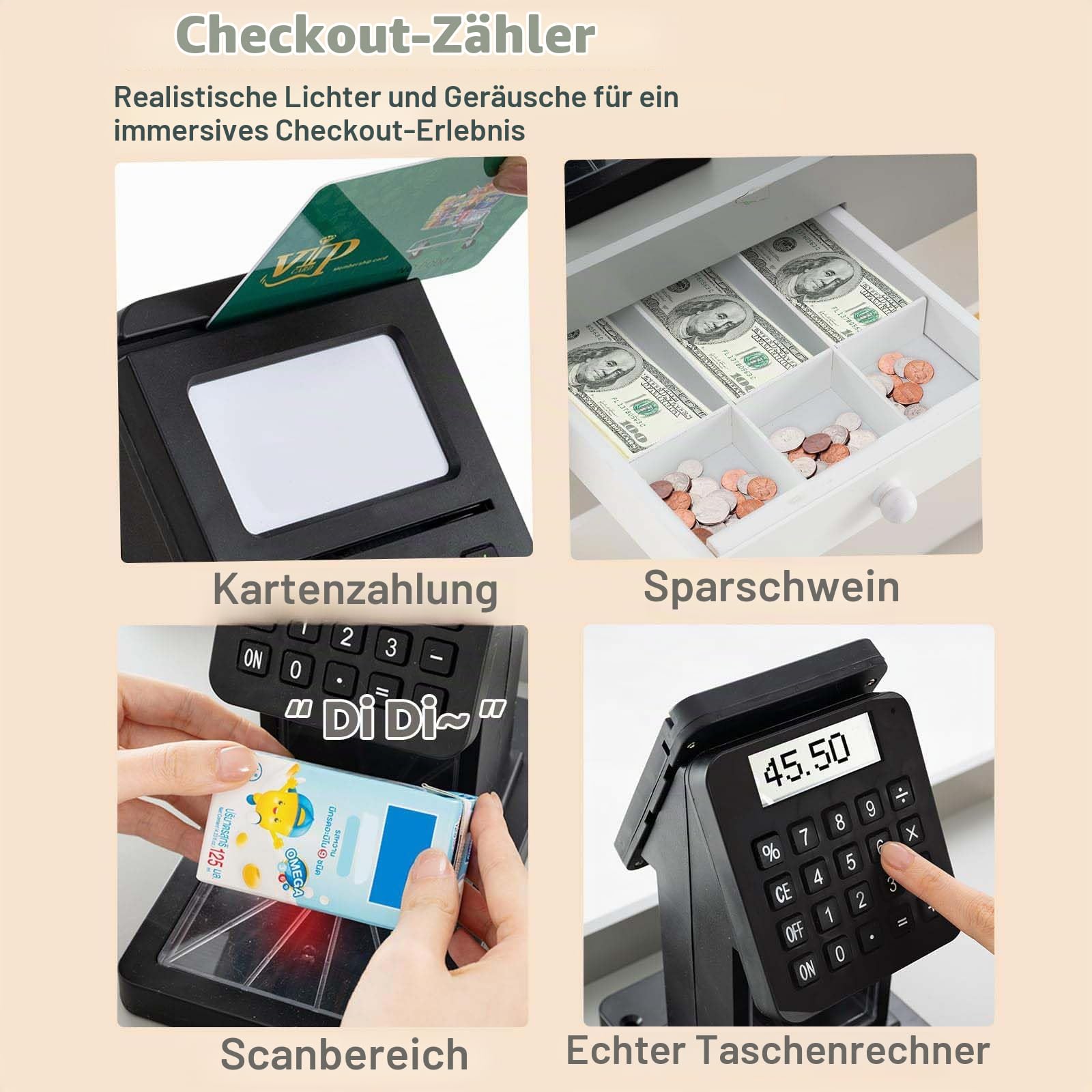HOMASIS Supermarkt mit Einkaufswagen, Kaufladen mit Kasse, 2 Tafeln, Scanner, VIP-Karte & Rechenmaschinen, Kaufmannsladen Holz mit Zubehör, Verkaufsstand Einkaufsladen für Kinder ab 3 Jahren