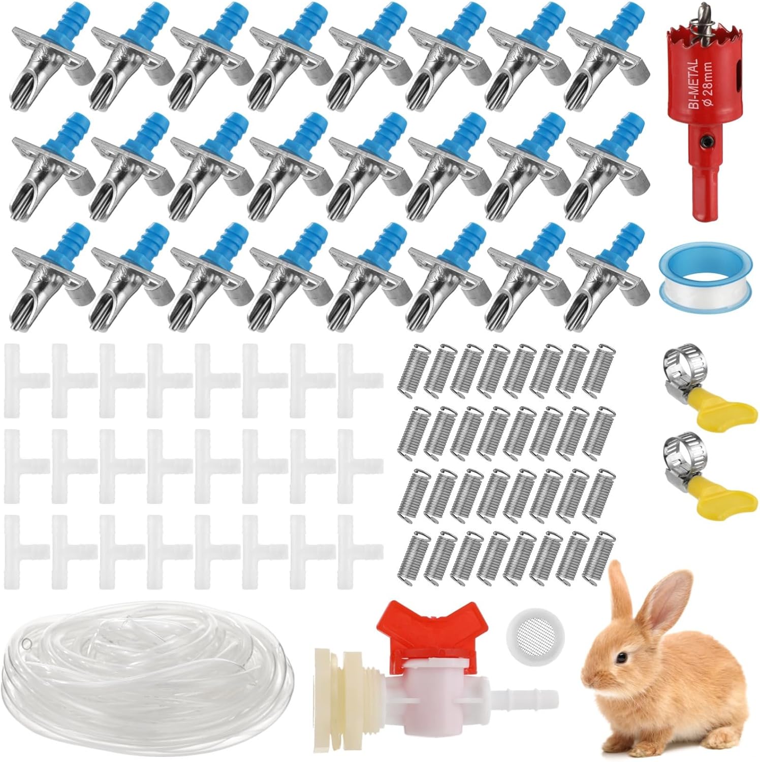 24 Pcs Drinkers Rabbit Automatic Watering System, Rabbit Automatic Waterer Kit with 5/16 Hose, T-Fittings, Springs, Drill, and Gasket for Bunny, Chinchilla