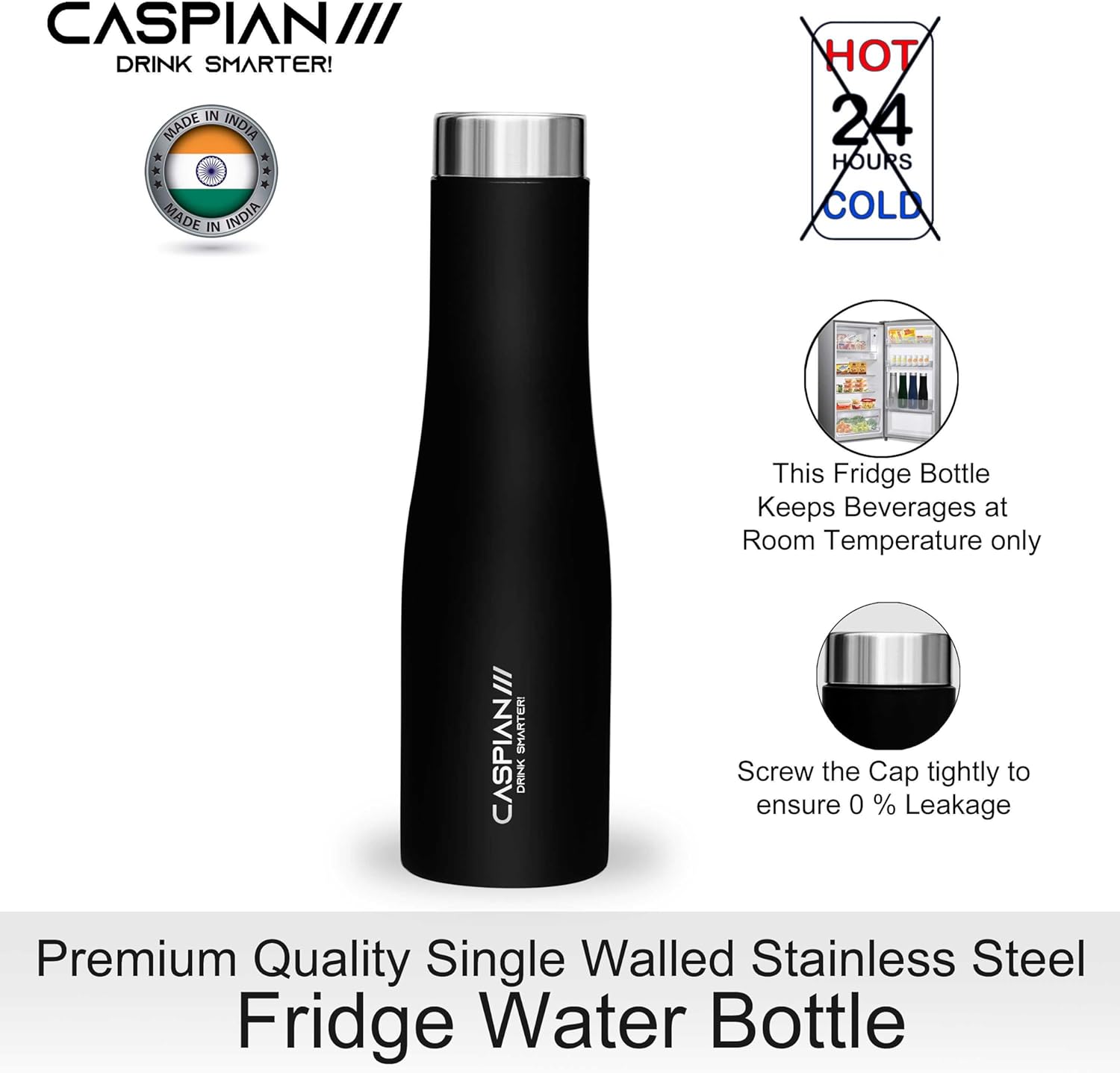 CASPIAN /// Aqua Stainless Steel Water Bottle (Black, 1 Litre, Set of 6)| Leak Proof Thunder for Fridge Home Office Travel School Kids Boys Girls Adults Sports Gym Yoga