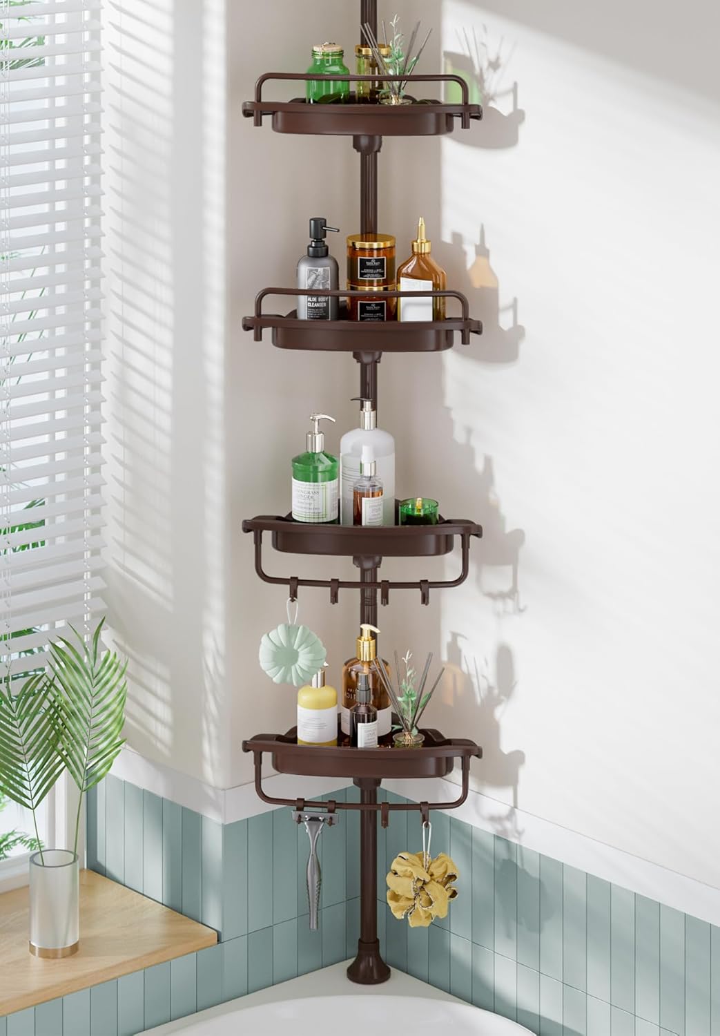 Rustproof Shower Caddy Tension Pole Corner Shower Caddy Organizer 4 Tier Adjustable Shelves with Tension Pole and Large Capacity for Bathtub Shampoo Accessories Storage Rack 38.8-122.7inch