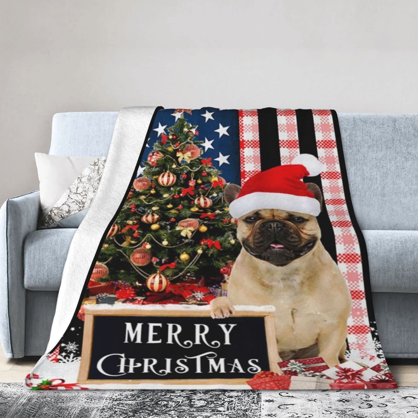 Lsjuee Christmas Flannel Fleece Blanket 60"X50" Merry Christmas French Bulldog Bed Throw Blanket Weighted Ultra-Soft Travel Winter Blankets for Couple Keep Warm