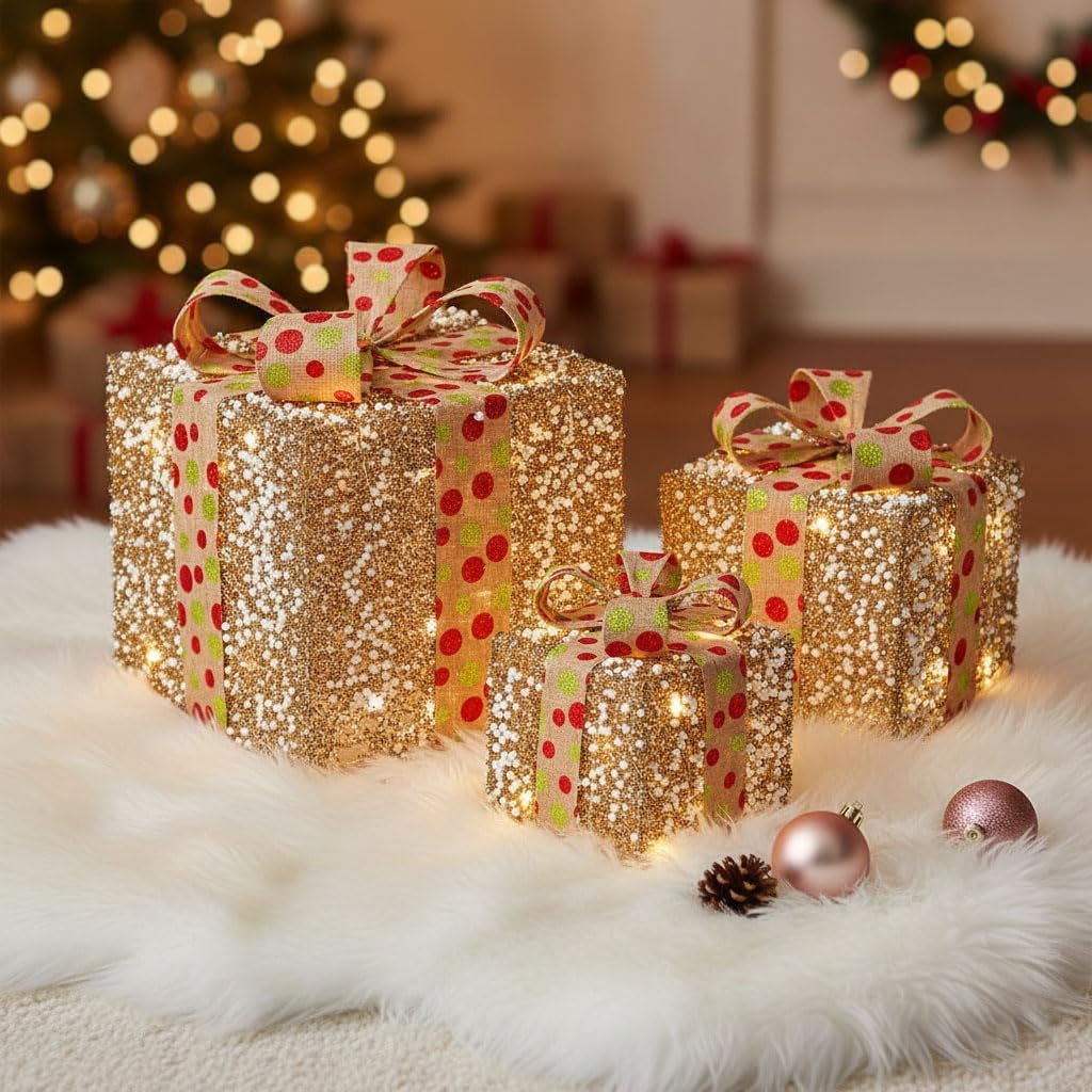 Sentik Set of 3 LED Light Up Decorative Coloured Christmas Parcel Set with Bow Indoor Outdoor Decoration Xmas Lights Gold Glitter & White Berry