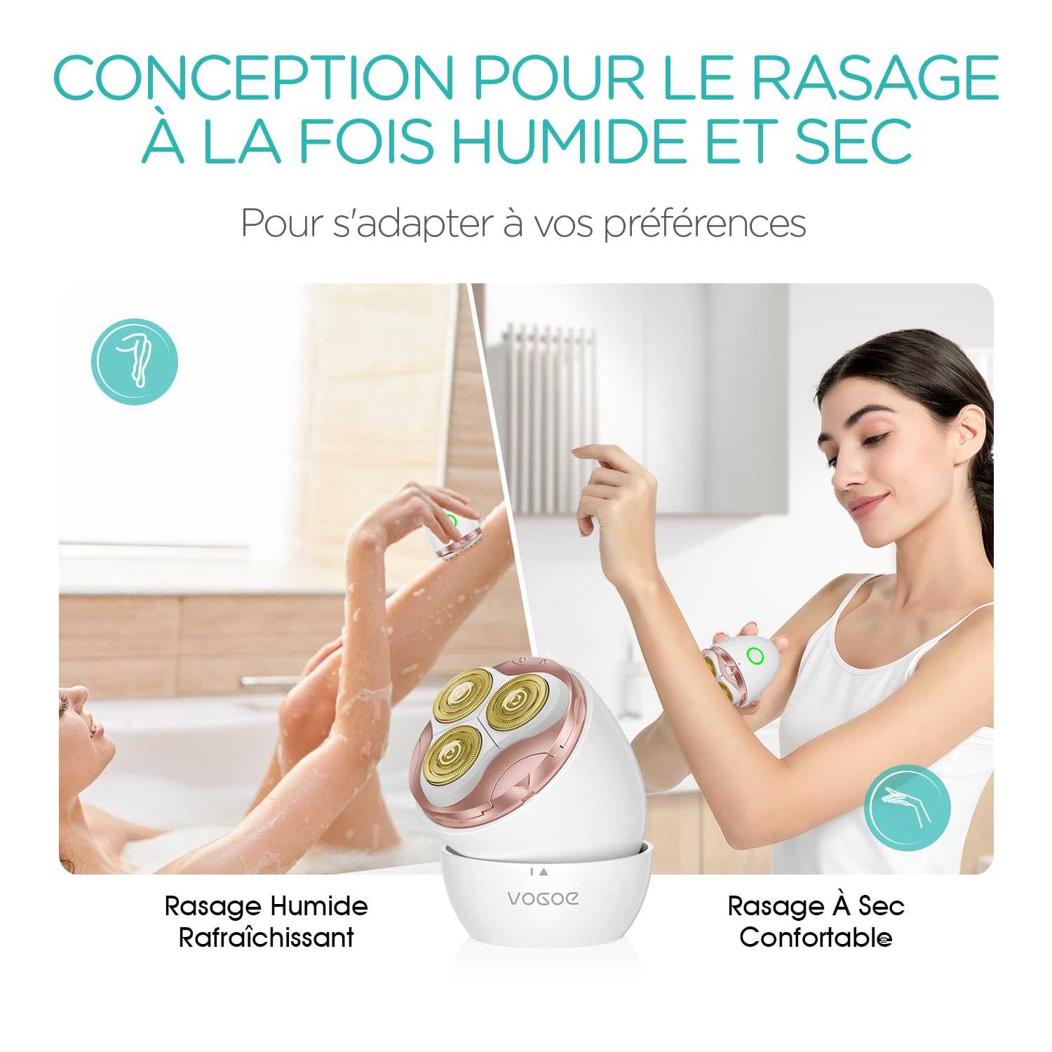 VOGOE Rasoir Electrique Femme - Indolore et Imperméable, Rechargeable, Rasoir Femme Electrique Pour Visage Corps Bras Jambes et Bikini, Tondeuse à poils corporels ES300 (Or)