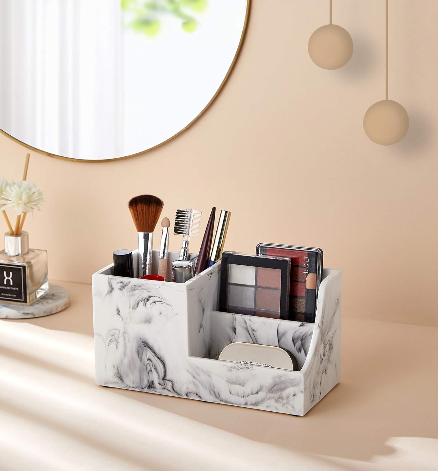 YININE Office Desk Organizer, White Marble Look Desktop Stationery Organizer Office Supplies Caddy Organizer Pencil Holder with Phone Stand Remote Holder for Office Home School College Vanity