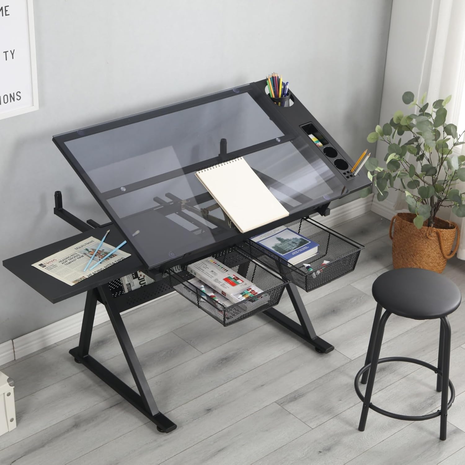 Black Drafting Table with Stool Height Adjustable Art Craft Desk with Storage, Tilting Tempered Glass Tabletop, Expansion Board, Drawing Table for Home Office, Artists, Painters