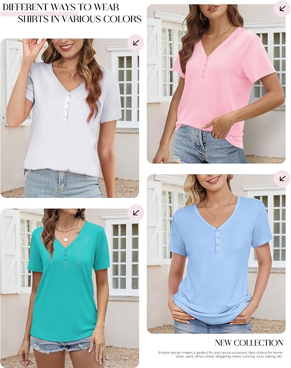 Womens Blouse Short Sleeve Button Down Shirts Business Casual Blouse Basic Tee V Neck Summer Outfit