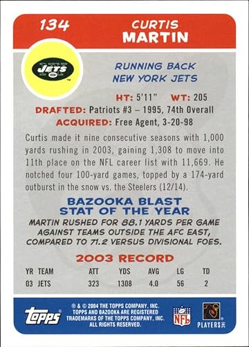 Miniatura 2 de 2004 Bazooka #134 Curtis Martin NFL Football Trading Card
